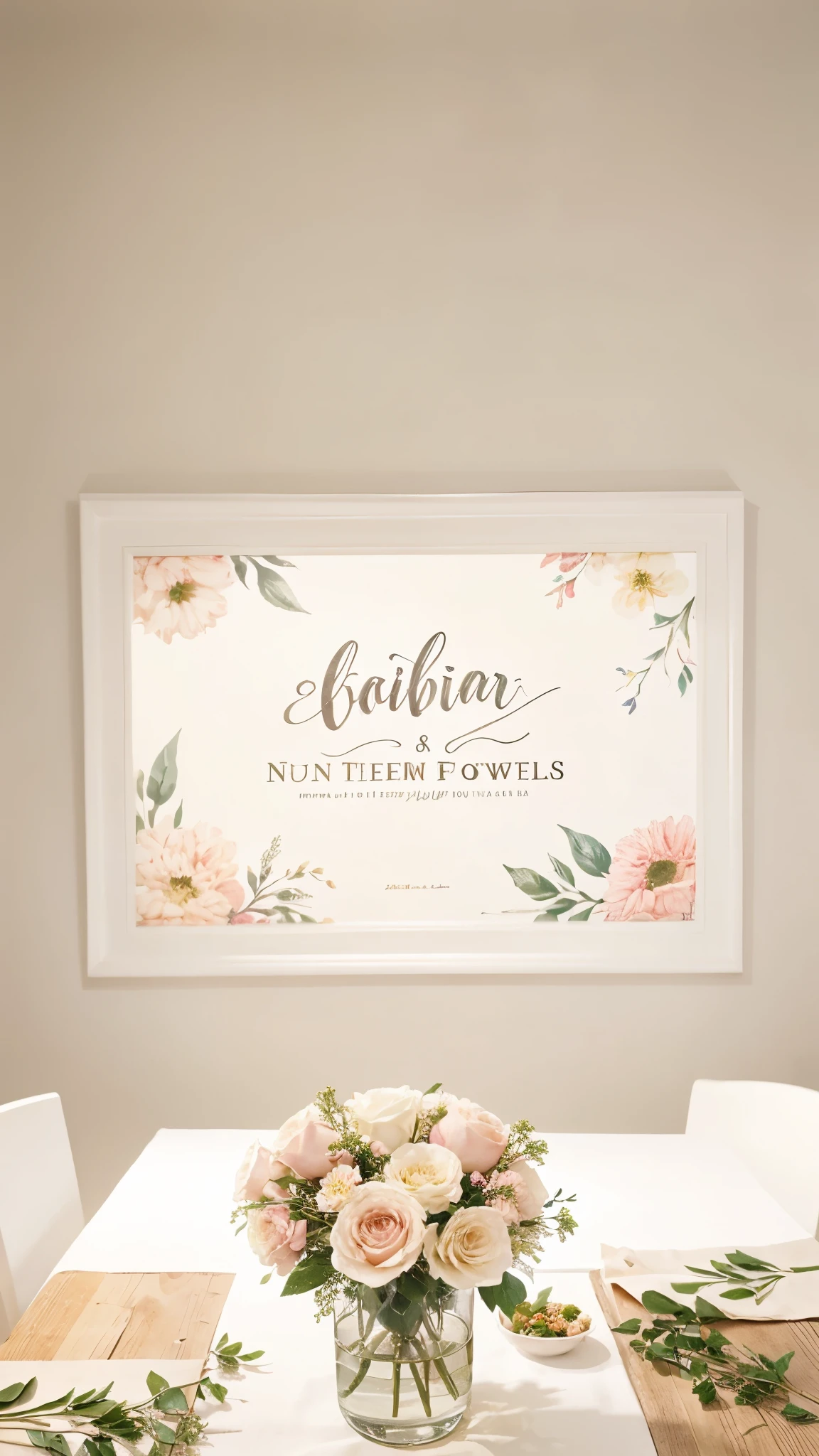 calligraphy and flowers on the table