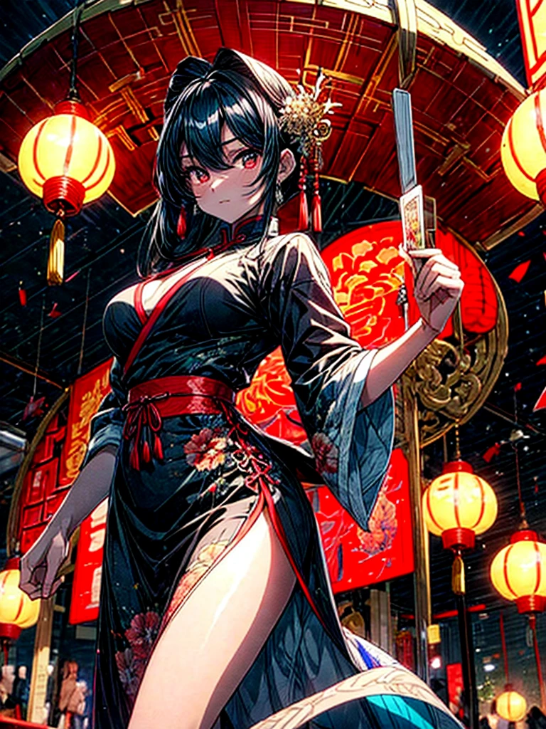 "high-quality artwork of a teenage girl with black hair holding a sugar-coated hawthorn skewer in a traditional Chinese setting. She is wearing a dragon-patterned qipao gown:1.4 with intricate details and vibrant blue color. Surrounding her is the background of a nighttime temple fair:1.8, with the atmosphere of a festival. The scene is illuminated by soft and natural lighting, enhancing the overall ambiance. The artwork should showcase ultra-fine painting techniques:1.8, with an emphasis on realistic and photorealistic:1.37 details, capturing the essence of a masterpiece:1.2. The image should be of the highest quality with a resolution of 8K, displaying clear and sharp focus:1.8. The colors should be vivid and vibrant, with the prominence of a red lantern:1.8 adding to the overall color scheme. The artistic style should represent a fusion of Chinese traditional elements:1.4 and contemporary aesthetics, creating a visually captivating and evocative presence. The girl's eyes, lips, and facial features should be beautifully detailed, ensuring that her expression and appearance are accurately depicted."