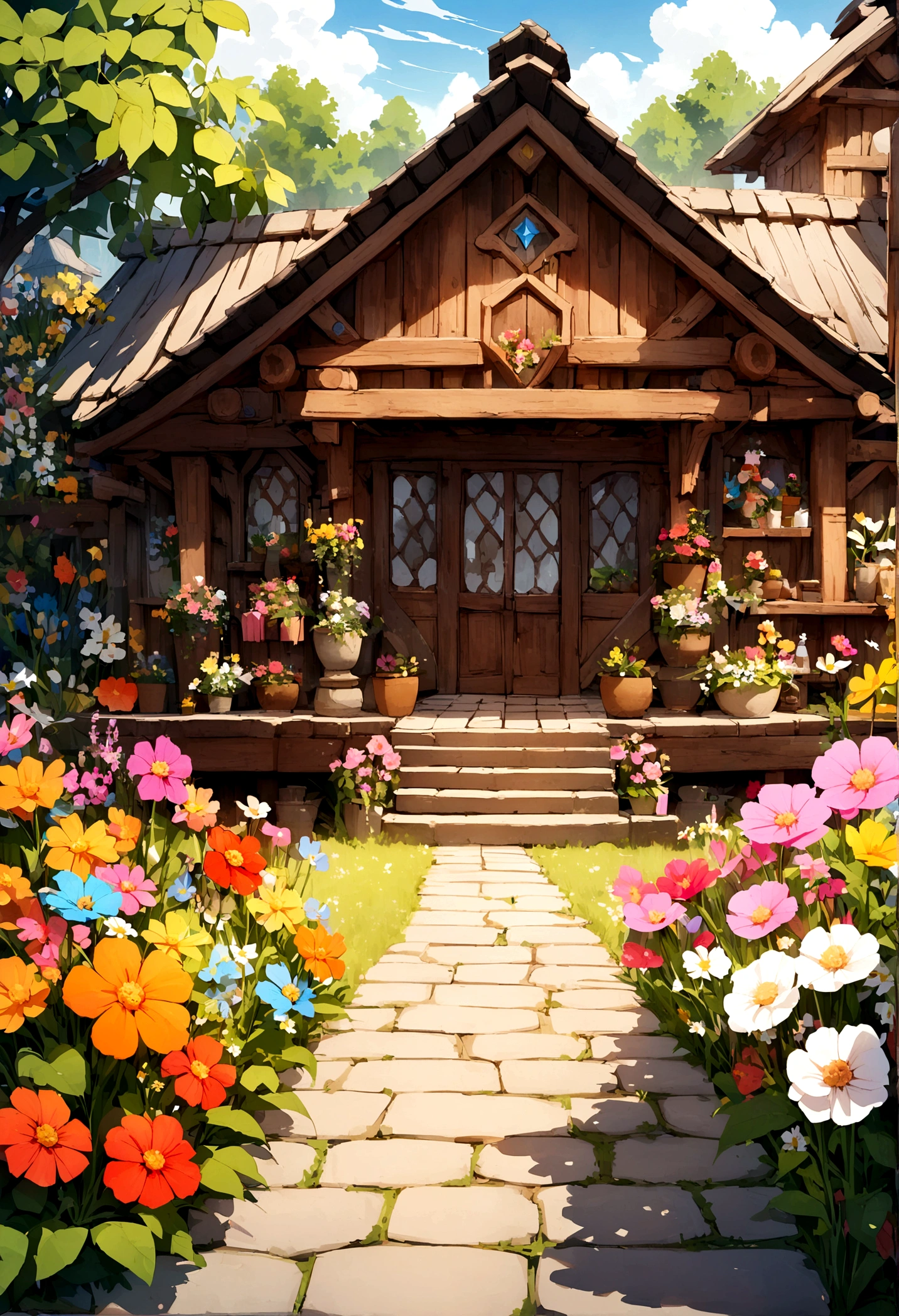 Beautiful details, Magical Dong Village Garden, Surrounded by bright flowers,Wooden house bridge