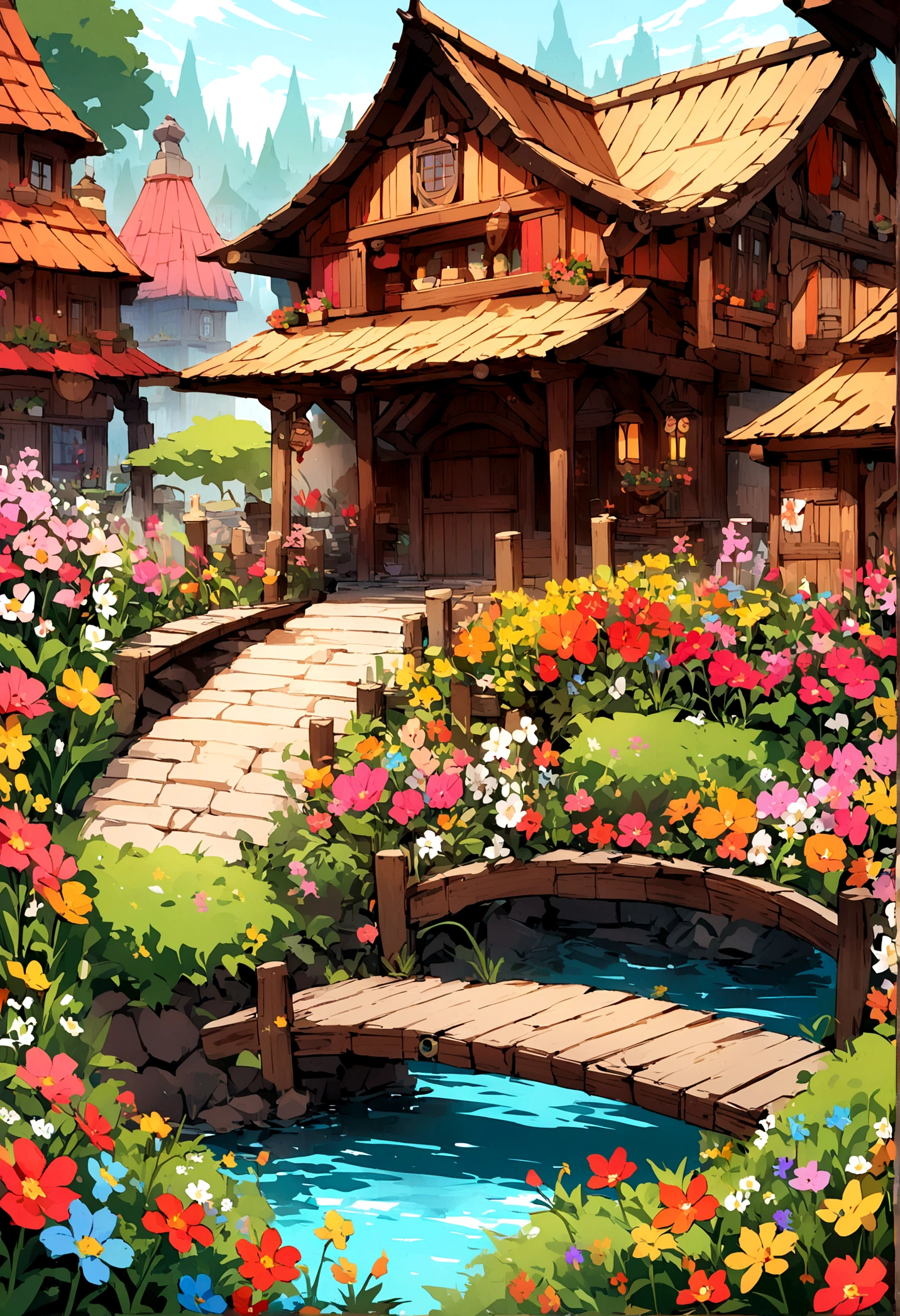 Beautiful details, Magical Dong Village Garden, Surrounded by bright flowers,Wooden house bridge