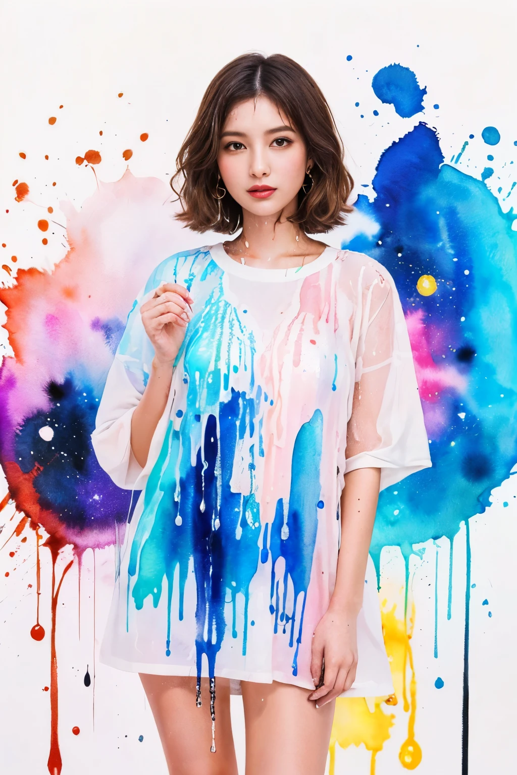 ((masterpiece:1.4, Highest quality)), (Photorealism), (watercolor background), (Artwork), ((1 Girl)), (Bright design), (Space and galaxy pastel colors), (Ink splashes and drips:1.5), (looking at viewer)
