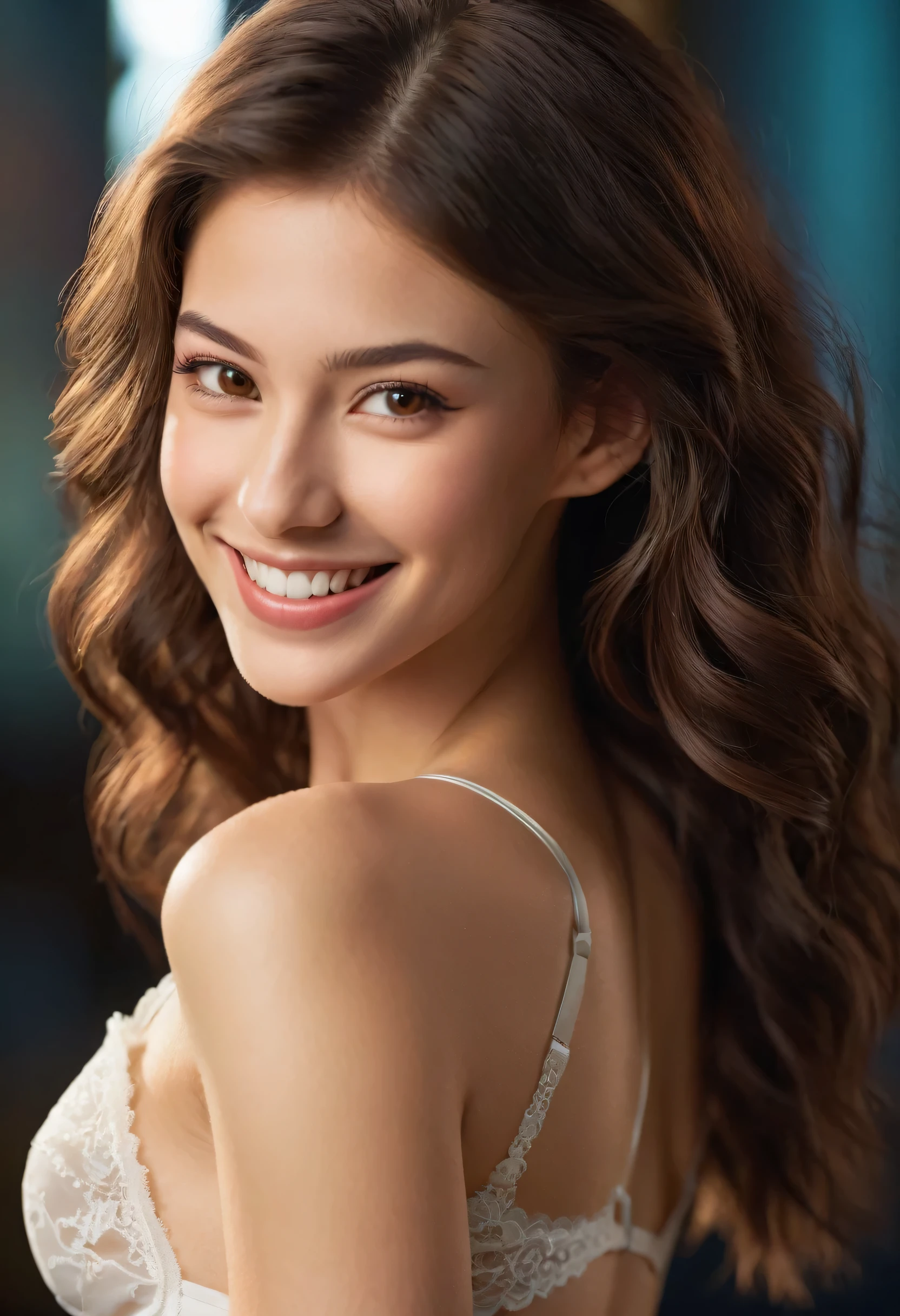 pretty face, white, 20 yo, brunette hair, caucasian, skinny, fit, beautiful, uhd, hyper realistic, highly detailed face, brown eyes, cleavage, fluffy hair, wolf cut, big natural , smooth skin, shiny, smiling, seductive smirk, as realistic like possible, natural features, photorealistic, cinematic lighting, depth of field, soft shadows, texture quality, intricate details, ultra-sharp focus, skin pores visible, subtle makeup, lifelike expressions, perfect color balance, visible upper body, big natural , underwear sexy,