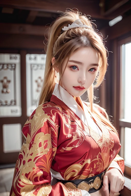 raw image, In an ancient Chinese house, realistic, best shadow, realistically, dark light, Full show, Full body view of the girl, high resolutionเป็นพิเศษ, Detailed nipple pattern, photo-realistic, Masterpiece, Page Details, Body details, finger details, Clothing details, Highest quality, ((high resolution)), 1 woman, ((beautiful girl)), alone, decorations, Bangle, ((Blonde Hair)), ((Slender face)), ((PonyTail)), ((red eyes)), decorationsที่ผมสีเงิน, dark brown eyeliner, put on makeup, red lips, ((Hanfu)), ((big breasts)), red shirt, black shirt, golden shirt edge, Golden dragon pattern set, Gold Earrings, Hair pins, Show your nipples, seductive pose,