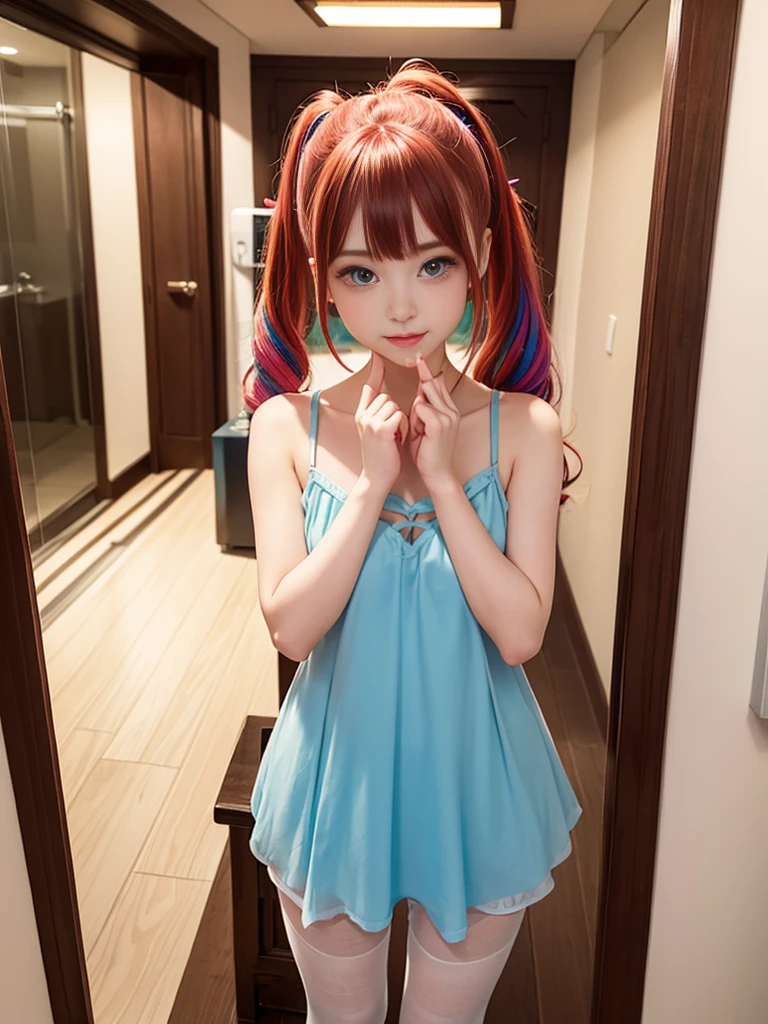 Cute redhead, gravure Idol, with rainbow colored hair tips, ribbons in her hair, 18-year-old woman, happy, in twin tails, perfect symmetrical eyes, clear sparkling blue eyes, pale skin, silky smooth skin, standing on a fancy luxurious space ship, large futuristic corridor, control panels, wood trim, decorative plants, warm lighting, wearing a futuristic  dress, pleated (chemise) mini dress (pastel rainbow colors, and polka dots), wearing full body pantyhose, cute short cut booties.