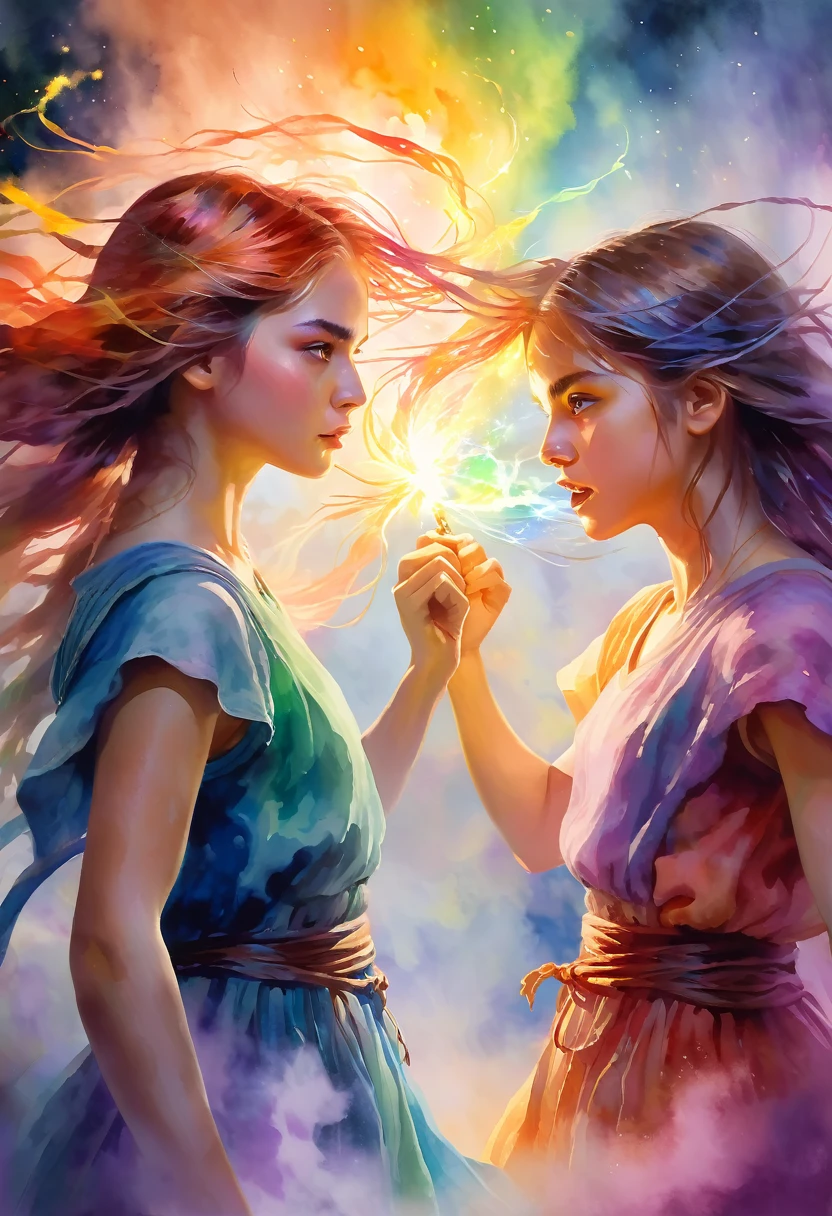 a medium quality digital painting of [Portrait of two girls fighting], unravel,[Cast A Spell], fantasy art, colorful, emotional, mystical, dreamlike, magical realism, ethereal lighting, watercolor style, side view, medium shot, enchanting artwork. perfect eyes