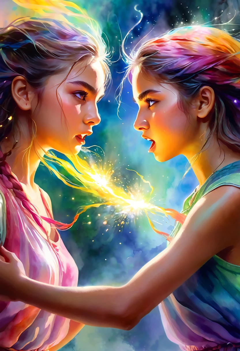 a medium quality digital painting of [Portrait of two girls fighting], unravel,[Cast A Spell], fantasy art, colorful, emotional, mystical, dreamlike, magical realism, ethereal lighting, watercolor style, side view, medium shot, enchanting artwork. perfect eyes