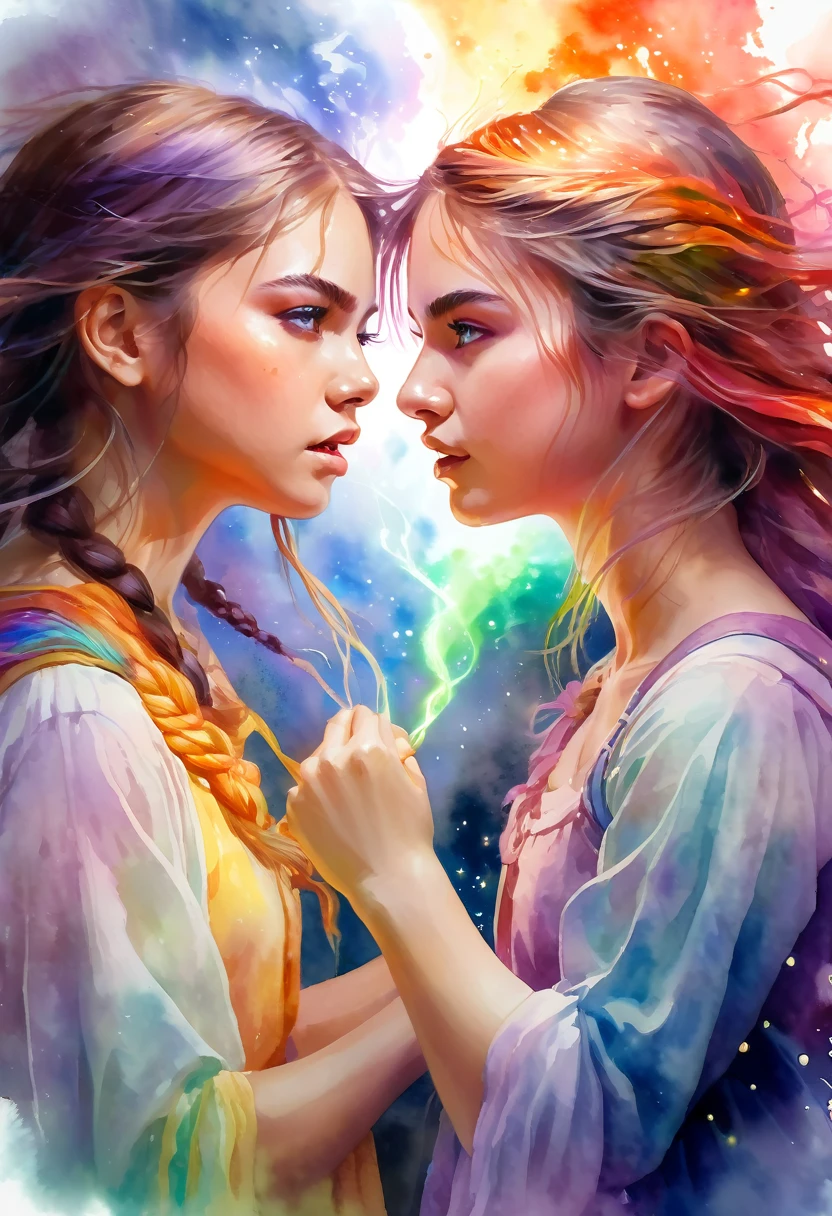 a medium quality digital painting of [Portrait of two girls fighting], unravel,[Cast A Spell], fantasy art, colorful, emotional, mystical, dreamlike, magical realism, ethereal lighting, watercolor style, side view, medium shot, enchanting artwork. perfect eyes