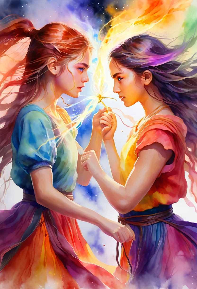 a medium quality digital painting of [Portrait of two girls fighting], unravel,[Cast A Spell], fantasy art, colorful, emotional, mystical, dreamlike, magical realism, ethereal lighting, watercolor style, side view, medium shot, enchanting artwork. perfect eyes