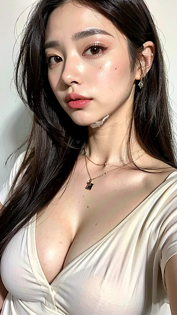 (Best quality, 8K, 32k, Masterpiece, uhd:1.2),Cute Japanese Women, Gal Beauty large , Straight long hair, Brown Hair upper body,face focus,oversized_White Y-shirt, necklace, simple background, from above, looking at viewer,Cleavagyebrows Small breasts