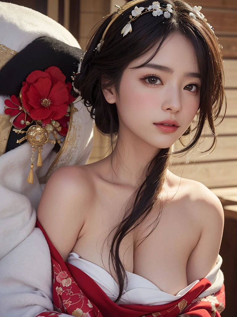 Top quality, Masterpiece, Super high resolution, (Realistic:1.5), RAW photo, 1 woman, off the shoulder, Japanese oiran, fancy kimono, décolletage,