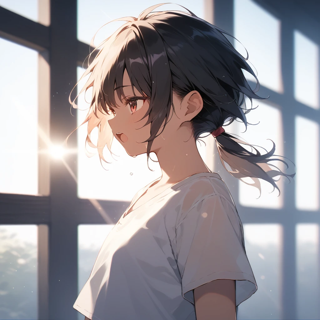 score_9, score_8_up, score_7_up, source_anime, best quality, masterpiece, official art, absurdres, highres, ultra-detailed,waifu2x,Collection: Slice of Life,break,1girl, tomboy, dark-skinned female, short hair, low ponytail, flat chest, beautiful detailed eyes, short shorts, sweat, open mouth, (yawn:0.3), sleepily, outdoors, wind, break,dewy skin, perspiration on the skin,skin texture, fine lines, pores, natural imperfections,light reflections, glossy skin, shiny skin,break,Rim Lighting, Subsurface Scattering, God Rays, Chromatic Aberration, Bokeh, Lens Flare, Volumetric Lighting, Anamorphic Lens Flare, Bloom, Depth of Field,backlight, soft bounced lighting, soft natural lighting, candolelight, neon light, hard(soft) shadows, spot light,