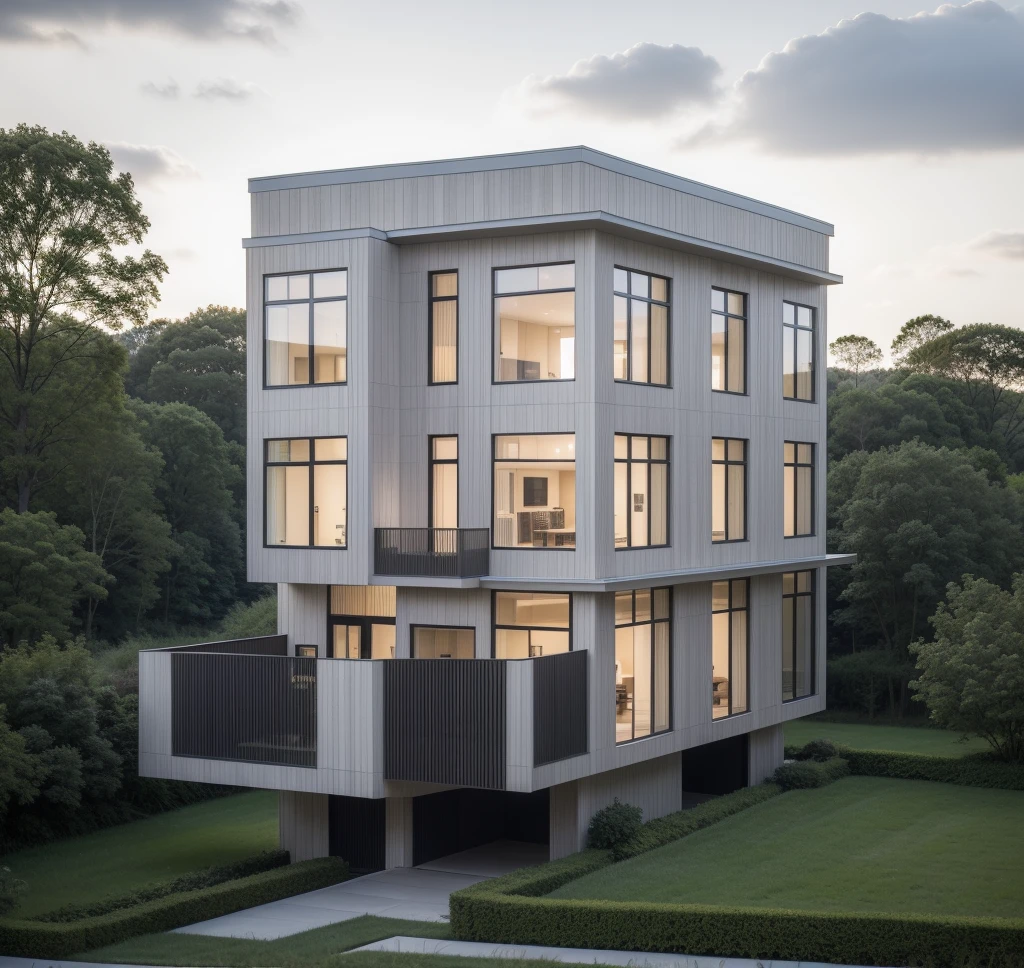 RAW photo, a photo of a modern villa with a car parked in front of it, ((1/2 dark grey wood facade)), architectural shot, gate, road, viet nam modern residence, rough white wall, new residential area, wide angle exterior 2022, contemporary house, exterior photography, masterpiece, contemporary architecture, overcast, indirect lighting