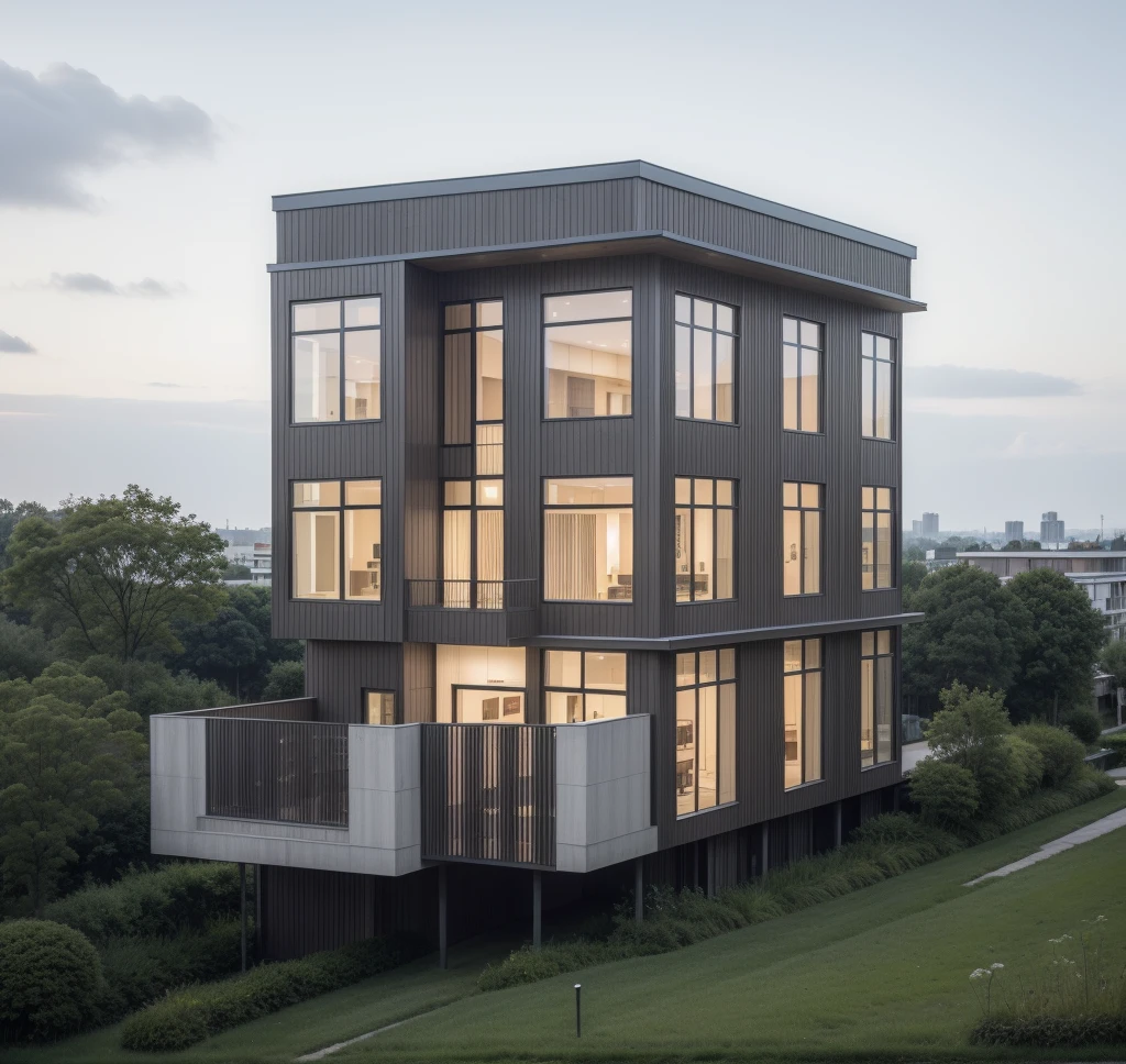 RAW photo, a photo of a modern villa with a car parked in front of it, ((1/2 dark grey wood facade)), architectural shot, gate, road, viet nam modern residence, rough white wall, new residential area, wide angle exterior 2022, contemporary house, exterior photography, masterpiece, contemporary architecture, overcast, indirect lighting