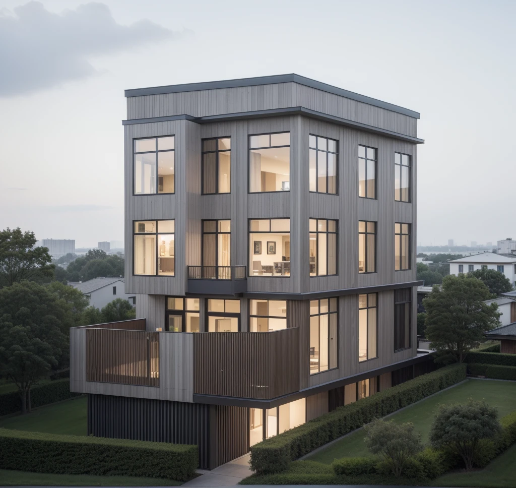 RAW photo, a photo of a modern villa with a car parked in front of it, ((1/2 dark grey wood facade)), architectural shot, gate, road, viet nam modern residence, rough white wall, new residential area, wide angle exterior 2022, contemporary house, exterior photography, masterpiece, contemporary architecture, overcast, indirect lighting