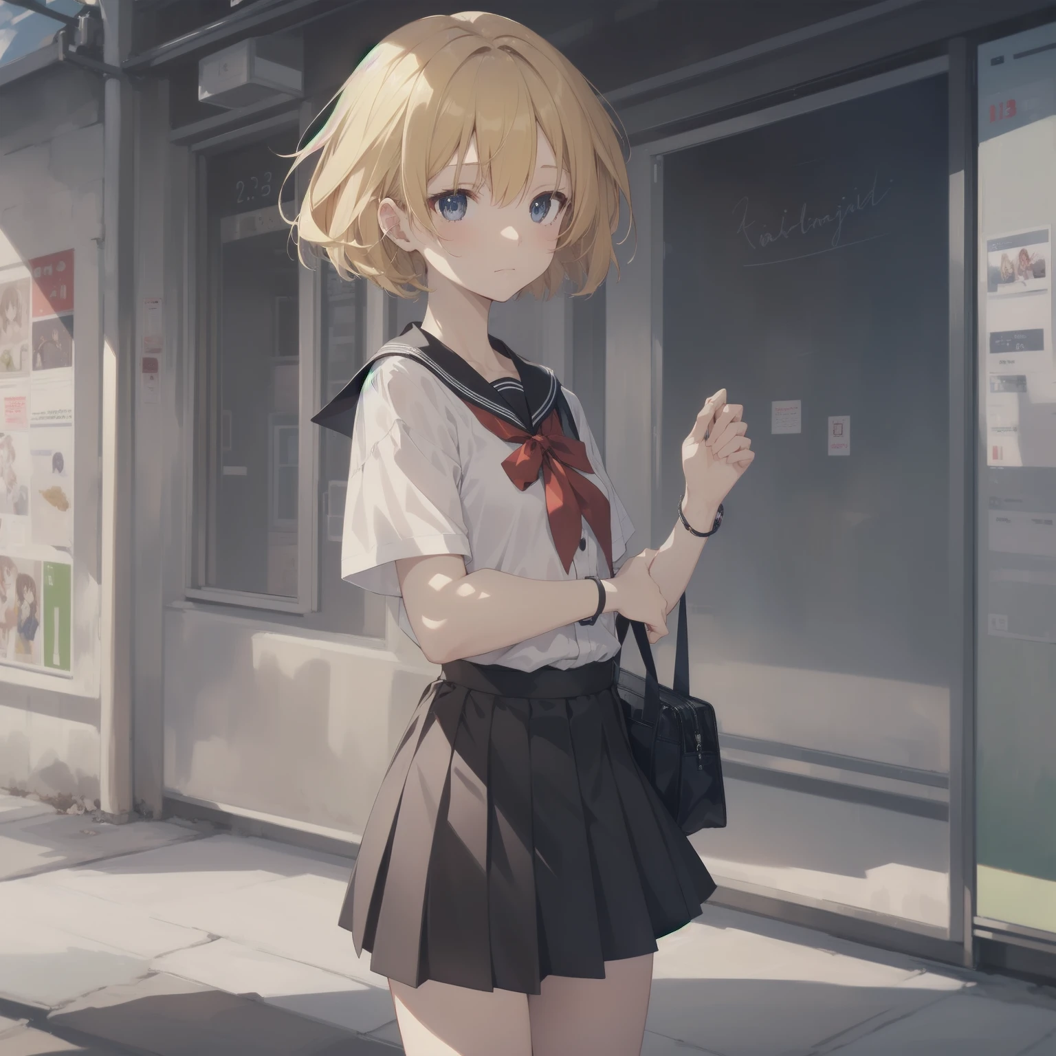 ultra-absurdres-Top quality by artist God, ultra-detailed, high resolution, anime moe artstyle, best anime 8k konachan wallpaper, pixiv contest winner, pool:2810, perfect anatomy,break, 1girl, (Please draw a girl walking sleepily to school alone. )break,(Solo,little female, 13-year-old:1.3),Full limbs, complete fingers,a junior high school student, (very short hair), short cut, flat chest, , small butt, small black eyes, beautiful detailed eyes, well-proportioned iris and pupils, expressive eyes, highres detailed hair, soft expression, salor school_uniform, sailor collar, serahuku, bow, pleated skirt,(Detailed Lighting), (Detailed background), in the School commute route. break,super detailed skin, Best cinematic lighting powered by famous artist, 8k,beauty illustration,photoshop_(medium),very aesthetic,break,((artist:mochi_au_lait )), artist:clamp ,artist:carnelian ,artist:kantoku ,
