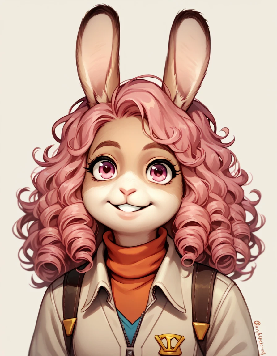 score_9, score_8_up, score_7_up, score_6_up, score_5_up, score_4_up, Peppy Hare, female, smile, pink eyes, pink hair, curly hair, rating_questionable
