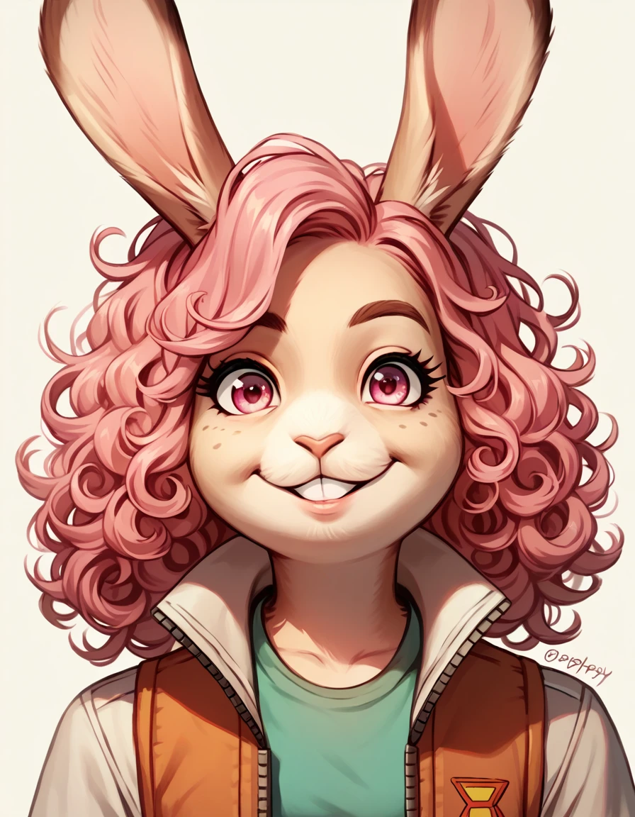 score_9, score_8_up, score_7_up, score_6_up, score_5_up, score_4_up, Peppy Hare, female, smile, pink eyes, pink hair, curly hair, rating_questionable
