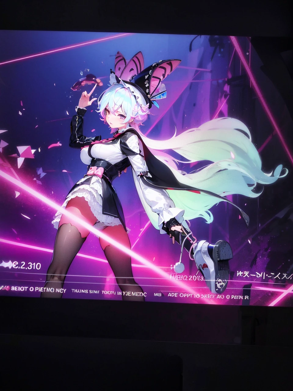 Make me an anime girl with curly pink and blue hair, with clock spring eyes, wonderland style, big black and red queen of heart dress, with a big red bow, and a mad hatter’s hat with bunny ear’s sticking out of the hat, and a big fluffy tail, colorful dress, reference sheet back and front view
