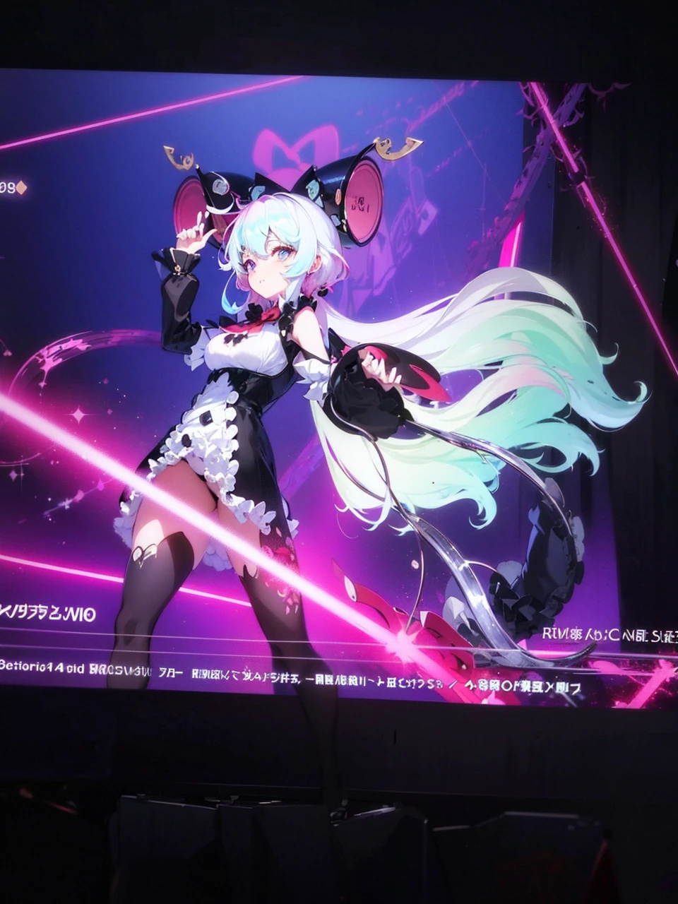 Make me an anime girl with curly pink and blue hair, with clock spring eyes, wonderland style, big black and red queen of heart dress, with a big red bow, and a mad hatter’s hat with bunny ear’s sticking out of the hat, and a big fluffy tail, colorful dress, reference sheet back and front view
