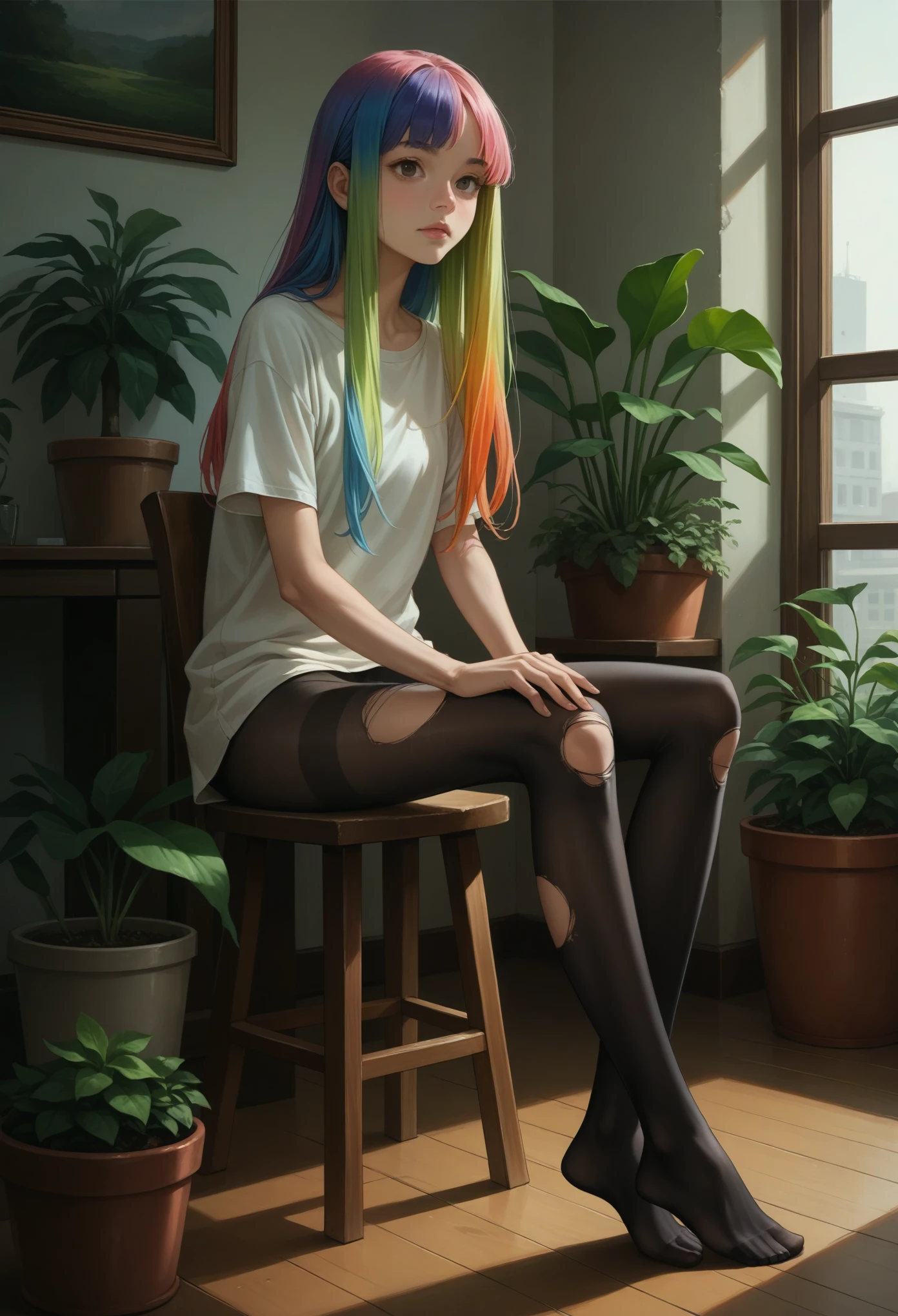 score_9, score_8_up, score_7_up, score_6_up, source_anime, masterpiece, newest,
Highly detailed, 1girl, slender, innocent, sitting, arms at sides, long hair, opaque pantyhose, no shoes, colorful hair, multicolored hair,  casual clothes, realistic, long legs, potted plants, ripped pantyhose