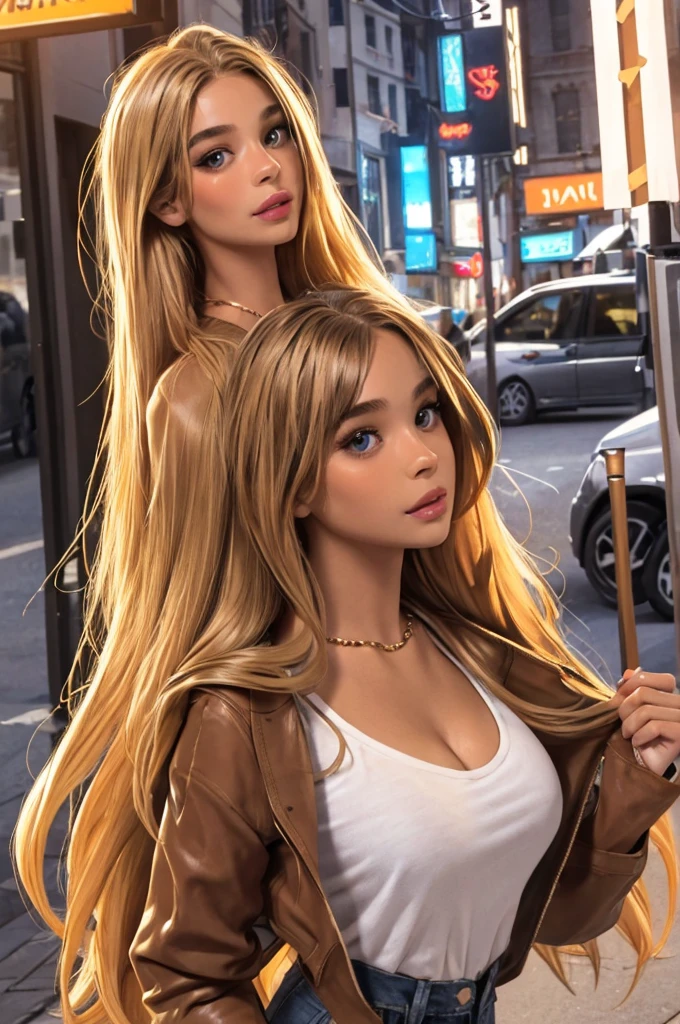 (best quality: 1.2), clean face, (masterpiece: 1.2, 8k)(PureErosFace_V1: 0.7), perfect anatomy, 1girl,a beautiful fashion model ,(masterpiece, official art, best quality) (hazel eyes) ,long and shiny hair, blonde hair with blonde streaks in hair, long hair, full lips, upturned nose ((((tan skin, bronze skin, 1.3)))), big breasts, lifstrangerachel looking at viewer, revealing outfit, absurdity, intricate details, city, dimanic pose, night, neon signs, cinematic lighting, (highly detailed skin: 1.2), wearing
 short shorts and a loose white shirt, cleavage, torn clothes