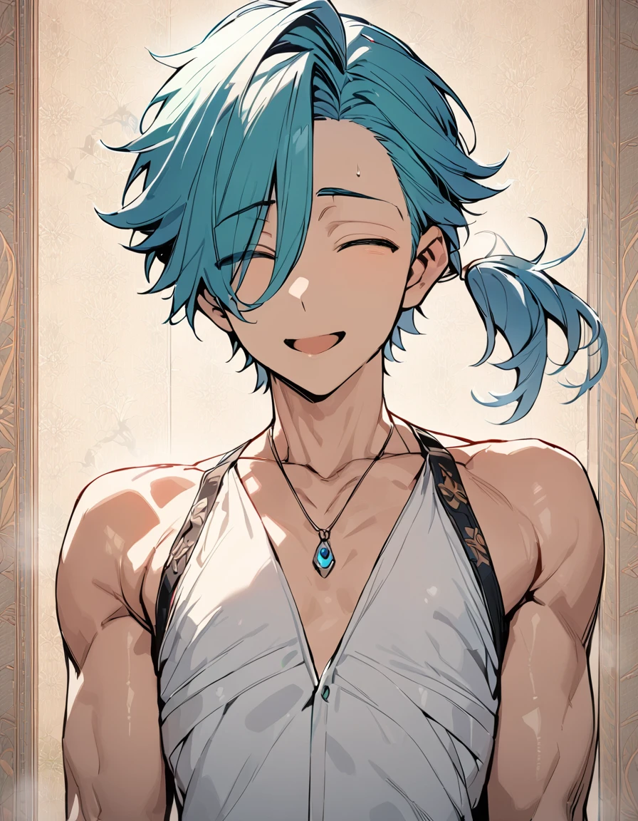 ((((best masterpiece, best quality, wallpaper,)))) solo, guy, male body, small muscles, flat chest, 1male, 30 years old, handsome man, upper body, looking at viewers, beautiful detailed, seductive smile, mediumturquoise hair, ((((Lower short ponytail)))), asymmetrical bangs, ((short hair,)) ((( closed eyes, ^o^, tareme, droopy eyes,))) (((perfect face, extremely detailed eyes,))) perfect hands, sharp nose, clear face, black turtleneck, grey cardigan, ((silver piercing, pendant,)) leggings, pink background color ultrasharp, 8K, masterpiece,