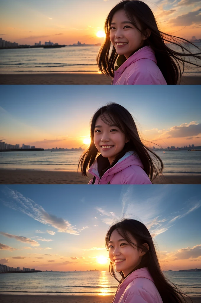 	1.	smile •	「A woman looking at the camera with a bright smile。The background is a colorful cityscape、Her smile stands out even more。」
2.Expressions of emotion •	「On the beach at sunset、A woman with an emotional expression。The sun setting in the distance beautifully outlines her silhouette。」