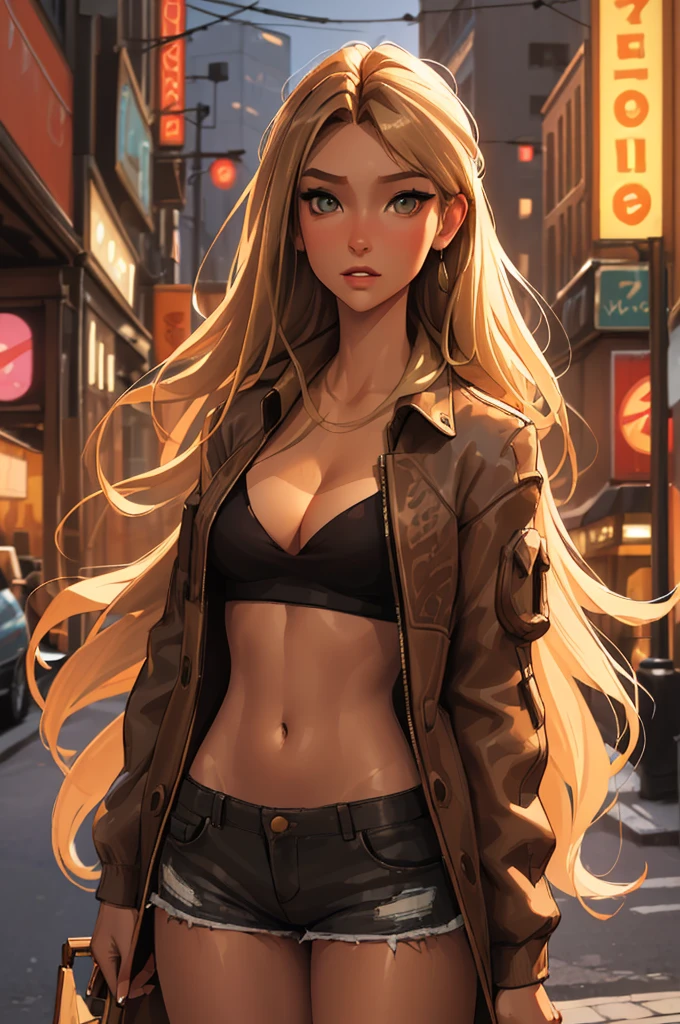 (best quality: 1.2), clean face, (masterpiece: 1.2, 8k)(PureErosFace_V1: 0.7), perfect anatomy, 1girl,a beautiful fashion model ,(masterpiece, official art, best quality) (hazel eyes) ,long and shiny hair, blonde hair with blonde streaks in hair, long hair, full lips, upturned nose ((((tan skin, bronze skin, 1.3)))), big breasts, lifstrangerachel looking at viewer, revealing outfit, absurdity, intricate details, city, dimanic pose, night, neon signs, cinematic lighting, (highly detailed skin: 1.2), wearing
 short shorts and a loose white shirt, cleavage, torn clothes