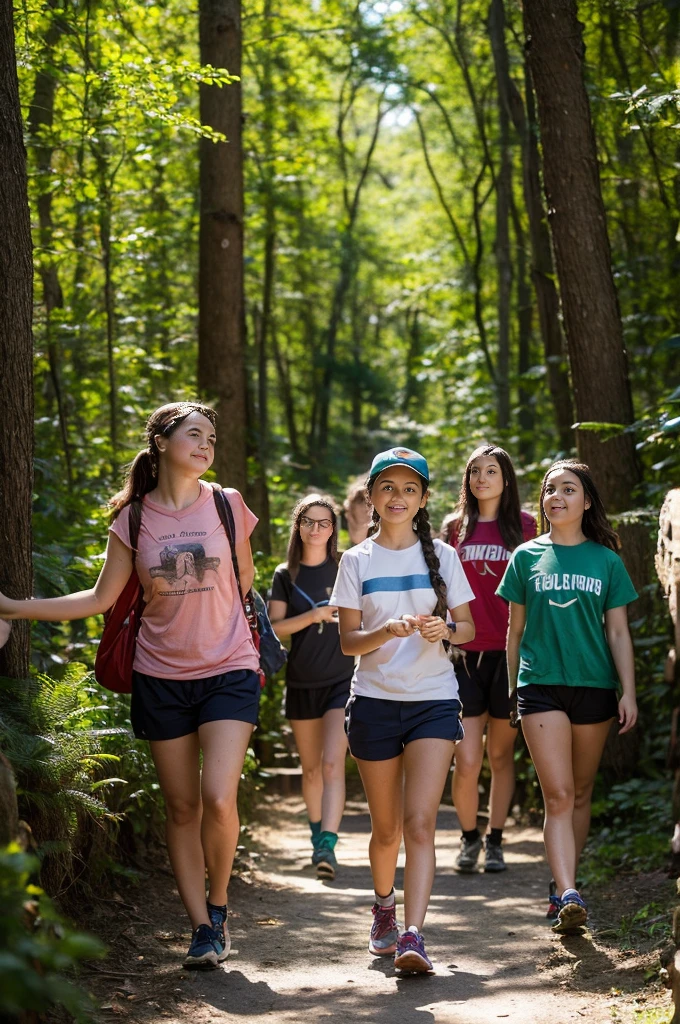 Italy. NSFW. front view, detailed face. Create a highly realistic frontal scene set in the highlands of Lombardy, Italy, with a 12-year-old Italian girl leading a group of younger girls on a hike through a dense forest stopping for a selfie for Instagram.

 The 12-year-old girl stands confidently in the center of the group. She has shoulder-length brown hair tied in a ponytail peeking out of the back of her colorful baseball cap. She is wearing a bright short-sleeved T-shirt, knee-length shorts and sturdy hiking shoes. Her expression is enthusiastic and welcoming as she looks forward, with one hand holding a small map or pointing forward to lead the group.
 Around her there are several younger girls, aged between 6 and 10, arranged in a semicircle around her, also facing forward. They are dressed in colorful T-shirts, shorts and baseball caps, each with different patterns and bright colors. They carry small backpacks or water bottles and their expressions are a mix of excitement and curiosity. Some girls have cornrows or braids, which contribute to their youthful appearance.
 The group includes approximately 8-10 girls of different heights and body types, reflecting their different ages and excitement levels.

Behind them, the forest is rich and thick with tall pines and oaks that form a canopy above them. Sunlight filters through the leaves, creating dappled patterns on the forest floor, covered in moss, ferns and wildflowers. Visible between them is the narrow, winding path they follow, bordered by rocks and roots that heighten the sense of adventure.

In the background, the Lombardy mountains rise majestically, with some patches of snow visible on the highest peaks, adding natural beauty to the scene. The atmosphere is filled with the fresh scent of pine and the sounds of birds and rustling leaves create a vibrant and engaging environment.

This scene captures the lively and exploratory spirit of the group, with the 12-year-old girl leading her younger companions