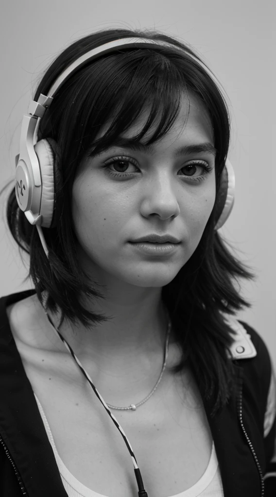 High quality, one girl, close-up, black and white, monochrome, headphones