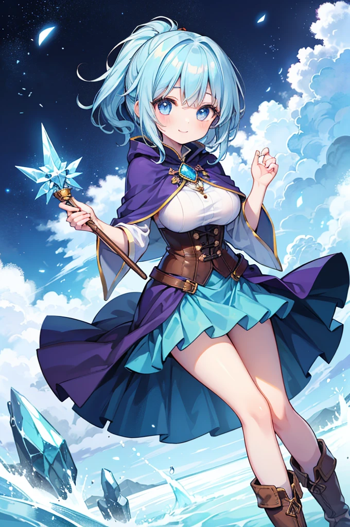 Fantasy,((Masterpiece)),((high resolution)),((Best Quality)),Anime illustration,((1girl)),(wavy hair),(short hair),(pale blue hair color),small ponytail,headband,Indigo eyes,(Big round eyes),((tareme)),12 years old,((baby face)),(((very big breasts))),Short stature,Young,(loli),,ice wizard,sleeveless white blouse,Blue mini skirt,slit,Brown corset,brown capelet,smile,,Brown long boots,wizard's wand with blue gem,
