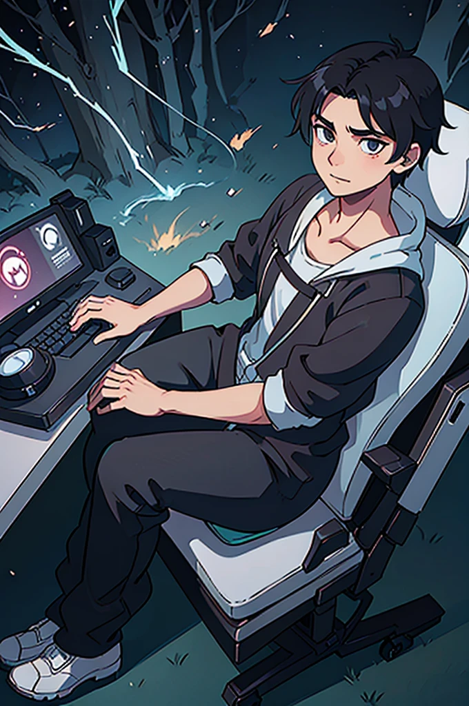 A captivating anime-style logo showcases a radiant 25-year-old male character with black hair and iris of the greenish sparkling eyes. He is seated in an ergonomic gamer chair, immersed in his gaming experience. His hands are firmly gripping the mouse and keyboard, eyes intently fixed on the monitor. Despite his intense focus, a subtle smile adorns his face. The surrounding environment is a dark and fantastic forest, with a bonfire nearby.. The atmosphere is both mysterious and inviting, immersing the viewer in a world of enchantment and adventure.