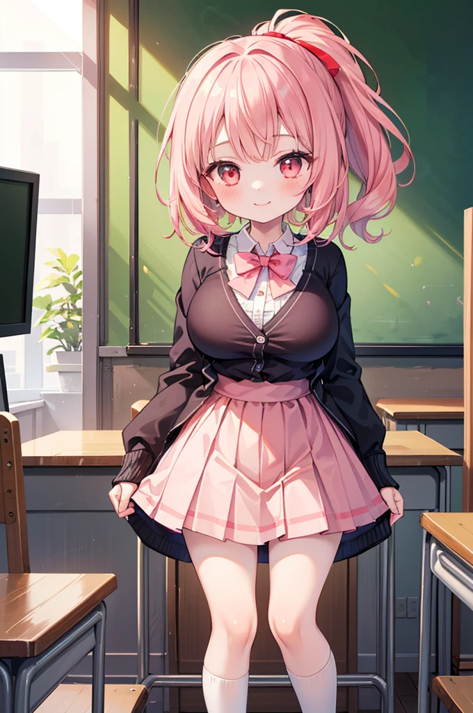 Fantasy,((Masterpiece)),((high resolution)),((Best Quality)),Anime illustration,(((1girl))),,(wavy hair),(short hair),(pale pink hair color),small ponytail,Red eyes,(Big round eyes),((tareme)),12 years old,((loli face)),((very big breasts)),Short stature,Young,,,cardigan,mini skirt,smile,Ladylike,classroom,