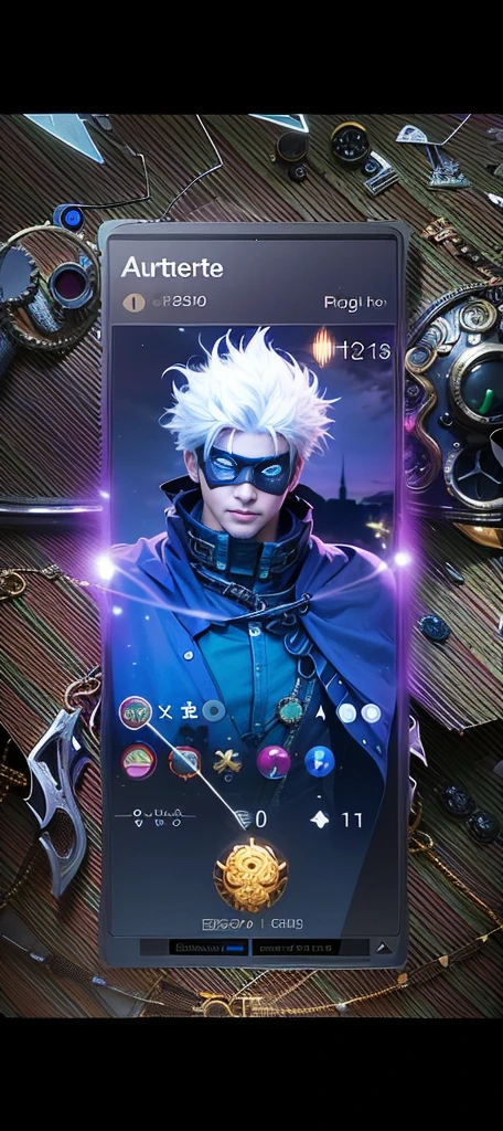 a close up of a guy with a steampunk mask on, Best quality, masterpiece, detailed skin texture, detailed clothes texture, detailed face, super detail, 8k, intricate detail, 1 boy, The color doesn't change, Muscle guy, 1 guy, strong red eye glow (red eye:1.2), holding a sword and a fire.