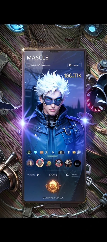 a close up of a guy with a steampunk mask on, Best quality, masterpiece, detailed skin texture, detailed clothes texture, detailed face, super detail, 8k, intricate detail, 1 boy, The color doesn't change, Muscle guy, 1 guy, strong red eye glow (red eye:1.2), holding a sword and a fire.