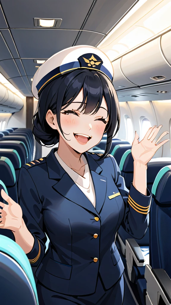 Japanese cabin attendant、Black Hair、a beautiful woman wearing navy-blue air hostess uniform, Inside the plane、Welcome guests、A cheerful smile、Laughing with mouth open、