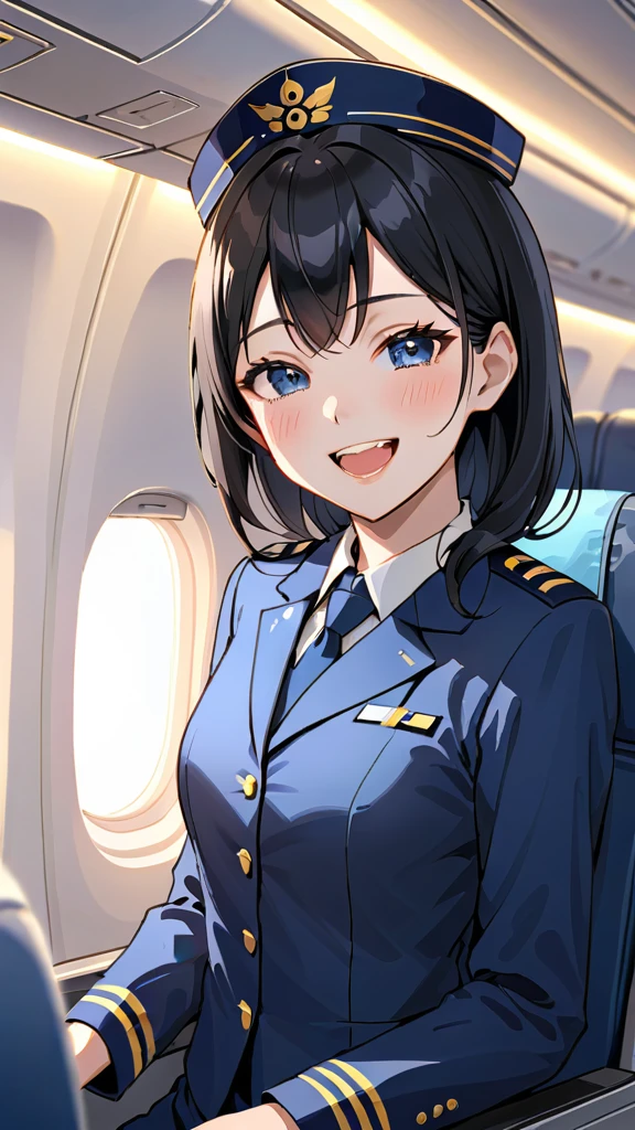 Japanese cabin attendant、Black Hair、a beautiful woman wearing navy-blue air hostess uniform, Inside the plane、Welcome guests、A cheerful smile、Laughing with mouth open、
