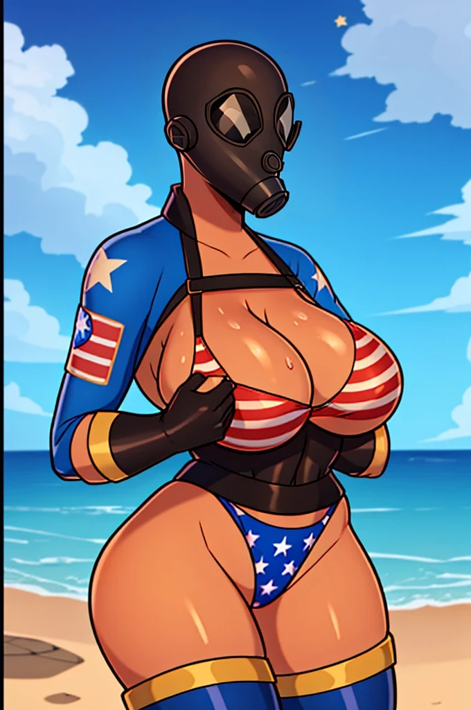 a busty Fempyro from Team Fortress 2 posing seductively at the beach, (wearing a gas mask), (faceless), high detail, masterpiece