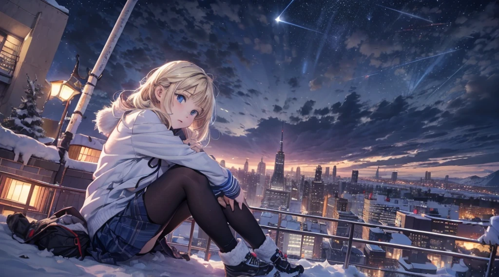 masutepiece,8K,octans, Skysky, stars(Skysky), landscapes, starrysky, natta, 1girl in, nigh sky, report, plein air, built, clouds, milkyway, sitting on, City, silhuette, Cityscape,(Short, Low twin-tailed blonde hair:1.2),(Deep Blue Eyes:1.3),(winter school uniform:1.1)