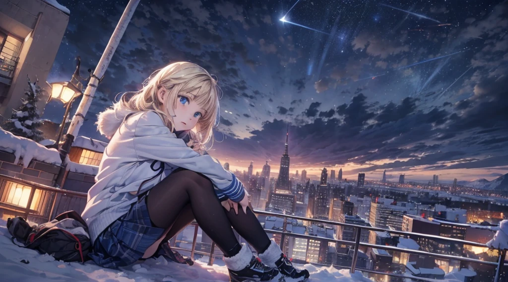 masutepiece,8K,octans, Skysky, stars(Skysky), landscapes, starrysky, natta, 1girl in, nigh sky, report, plein air, built, clouds, milkyway, sitting on, City, silhuette, Cityscape,(Short, Low twin-tailed blonde hair:1.2),(Deep Blue Eyes:1.3),(winter school uniform:1.1)