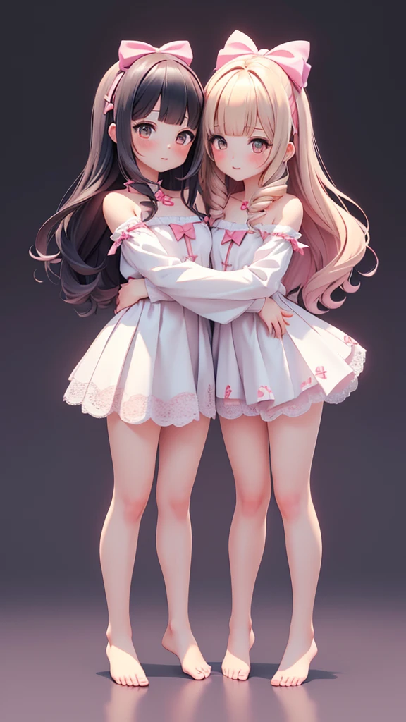 ((bishojo)), ((jk, 2 girls)), ((masterpiece)), (best quality), ((ultra detailed)), (exquisite), (depth), (crisp), (8k), (beautiful and aesthetic), (super detailed skin), ((high standard)), ((highres)), (perfect anatomy), ((full body)), (blush), ((bare foot)), (((wariza))), (lace strapless clothes), (blunt bangs), ((big bow in hair)), (yuri, hug)