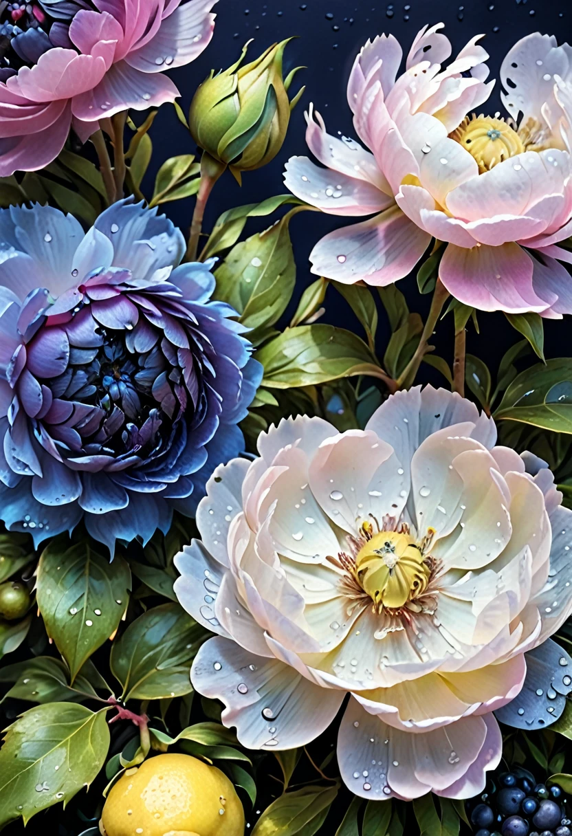 Academic oil painting:
Black peonies, blueberries, lemons. Dew drops.
Hyperrealism, Micro-detail, Surreal, Light outline, Botanical, Multi-colored, Multi-layered 8D drawing, Professional photo. Soft light, shadows.
Lunar octane number.