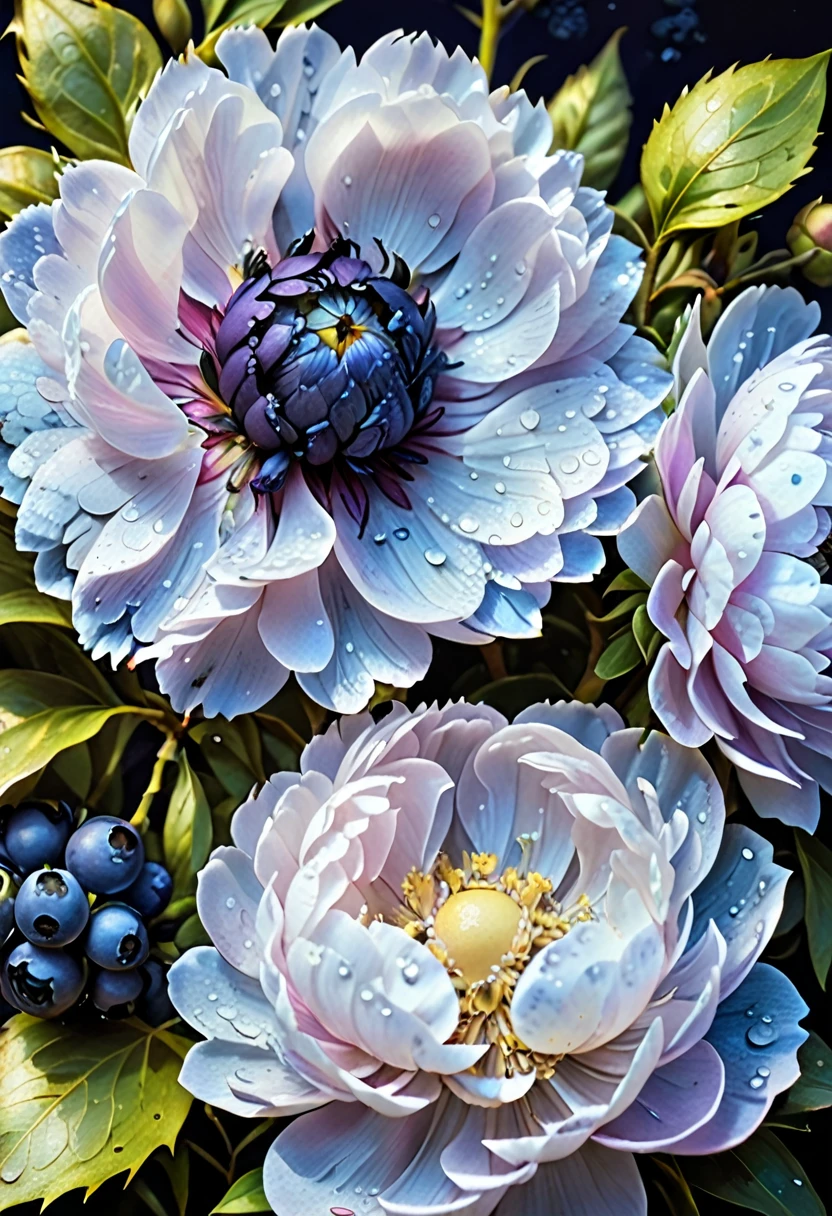 Academic oil painting:
Black peonies, blueberries, lemons. Dew drops.
Hyperrealism, Micro-detail, Surreal, Light outline, Botanical, Multi-colored, Multi-layered 8D drawing, Professional photo. Soft light, shadows.
Lunar octane number.
