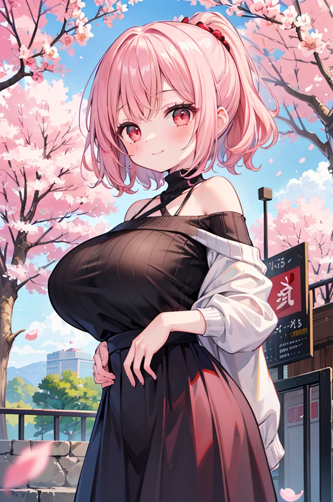((Masterpiece)),((high resolution)),((Best Quality)),Anime illustration,(((1girl))),,(wavy hair),(short hair),(pale pink hair color),small ponytail,Red eyes,(Big round eyes),((tareme)),15 years old,((loli face)),((very big breasts)),Short stature,,Off-the-shoulder sweater,(long maxi skirt),smile,Ladylike,cherry blossoms,