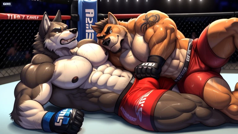 Duo male(Brown Wolf vs Black Wolf, handsomes, Thick eyebrows), gay(lying down on the ground, back on body, cuddling embraced, on a UFC match), hot(Shirtless), handsomes(They are handsomes, correct anatomy), musculosos(Big muscle bodies, Six packs, muscle abs, big pecs, muscle backs, muscle legs), sweaty(very sweaty wet bodies, shiny sweat), tatuajes(they have tattoos), Grumpy(Both have an grumpy expression, growling, grumpy teeths, steaming breath), UFC gloves(They both are wearing UFC gloves), UFC boxers(They both are wearing UFC boxers), Hight resolution, by(Zourik:1.1)