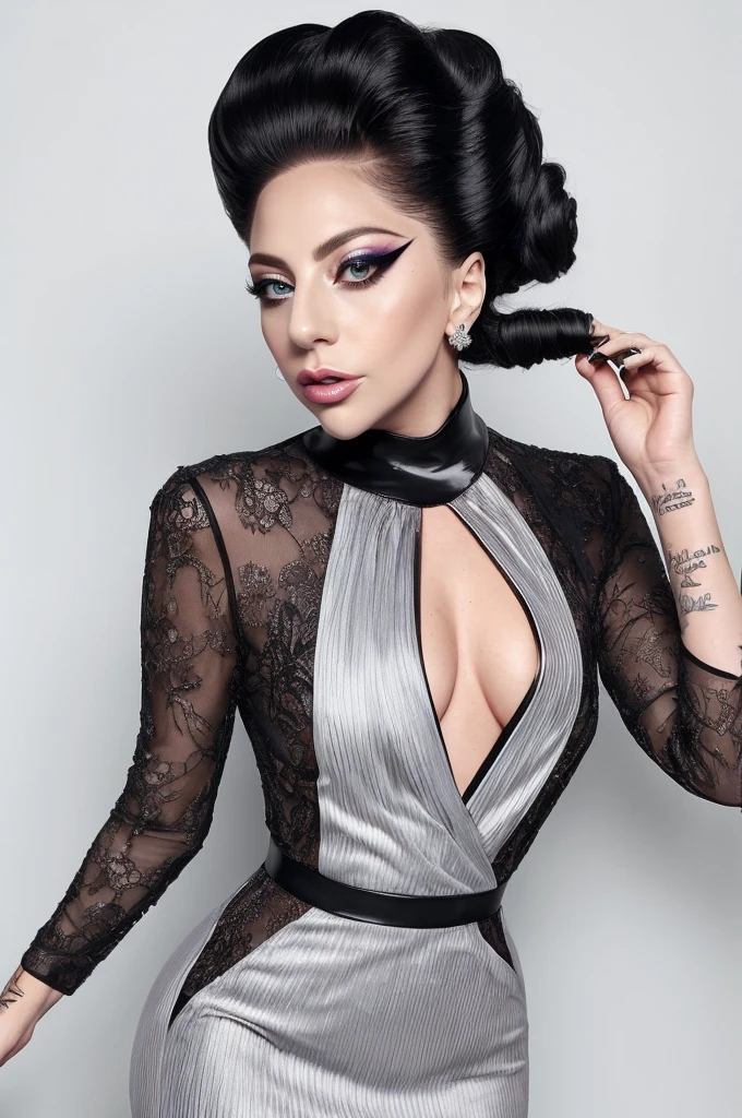 Lady Gaga wears a dark pink lotus silk dress, bold makeup, attractive pose, gray and white background