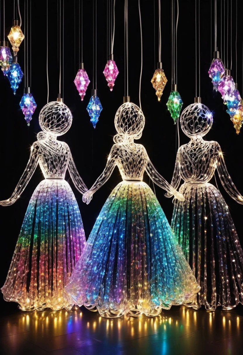 Crystal lighting effect colorful gem lighting combined with human-shaped beam layer wire saw dancing，Long skirt，It is cleverly shaped，The light is slender..Background gloosy black wall