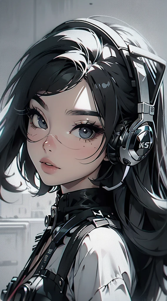 High quality, one girl, close-up, black and white, monochrome, headphones