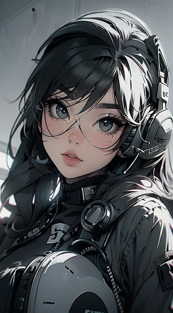 High quality, one girl, close-up, black and white, monochrome, headphones