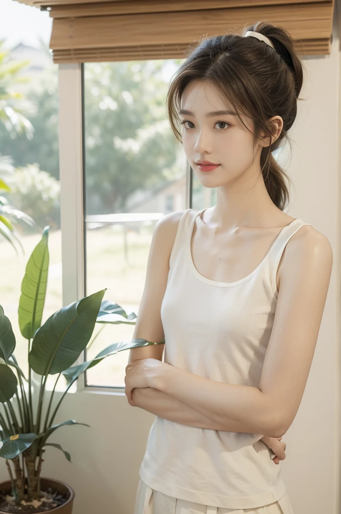 (((best quality))),(((ultra detailed))),(((masterpiece))),illustration,((1 beautiful girl, college student,solo)),((slim,thin,small breasts,flat chest)),(short ponytail:1.2),(sleeveless shirt:1.2), studying, books, dormitory, summer afternoon, sky, gloomy shadow, bed, wooden desk, bookshelf, soft warm light, lamp, gentle glow, almond-shaped eyes, textbooks, daydreaming, beach, cities, vacation, smile, pen, highlighting, notebook, dates, stretching legs, cushion, portable fan, soothing breeze, summer heat, herbal tea, thirst, potted plants, greenery, vibrant leaves, cozy atmosphere, determined expression, excel exams, summer break, intelligence, determination, achieve goals,((from front,upper body))